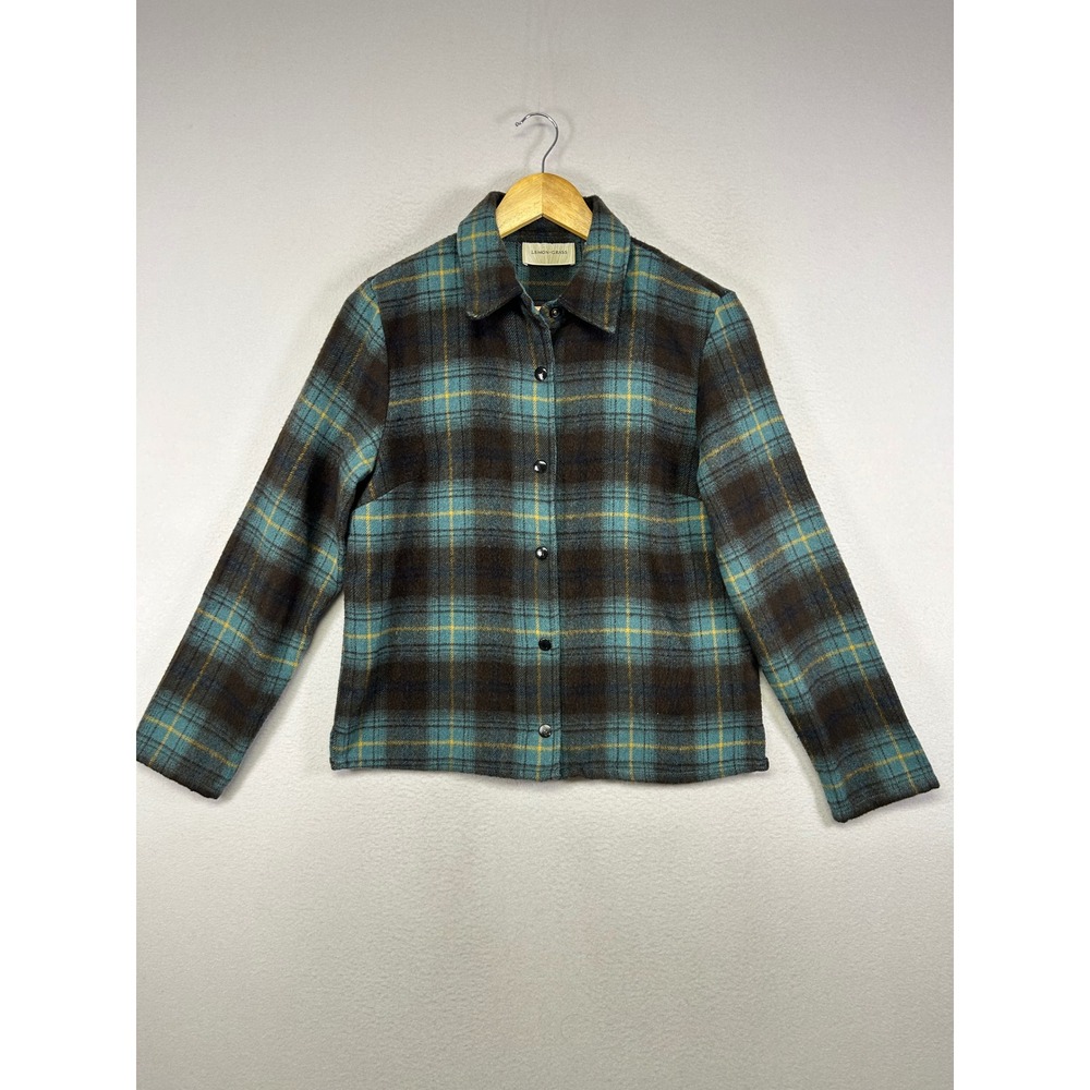 Dark Academia Lemon Grass Women S Teal Brown Plaid Wool Blend Snap Front Shacket